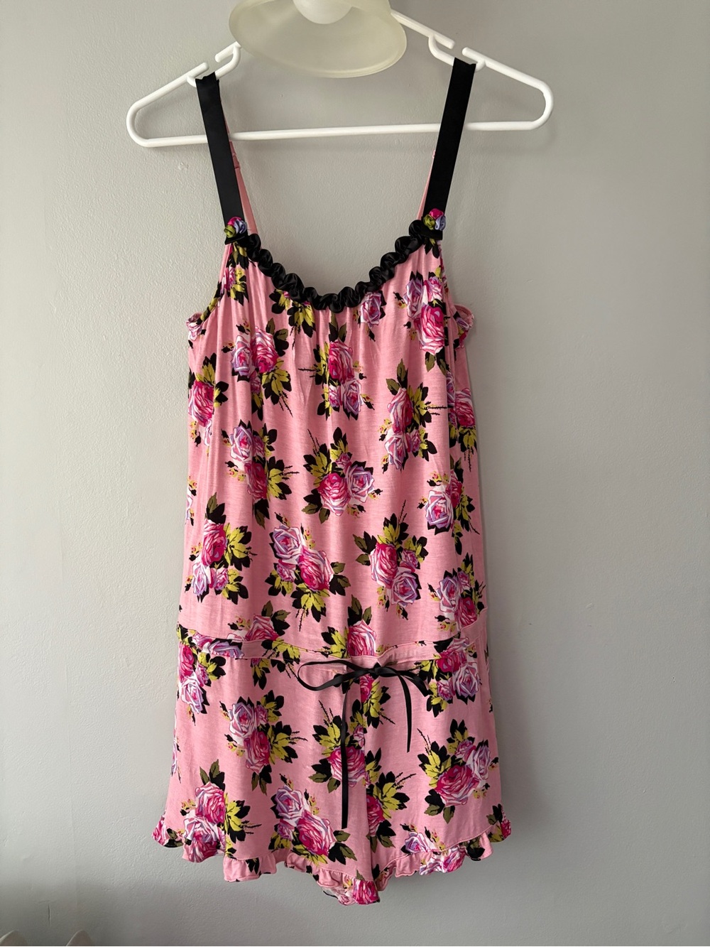 Betsey Johnson Pink Floral Sleep Romper with Black Trim